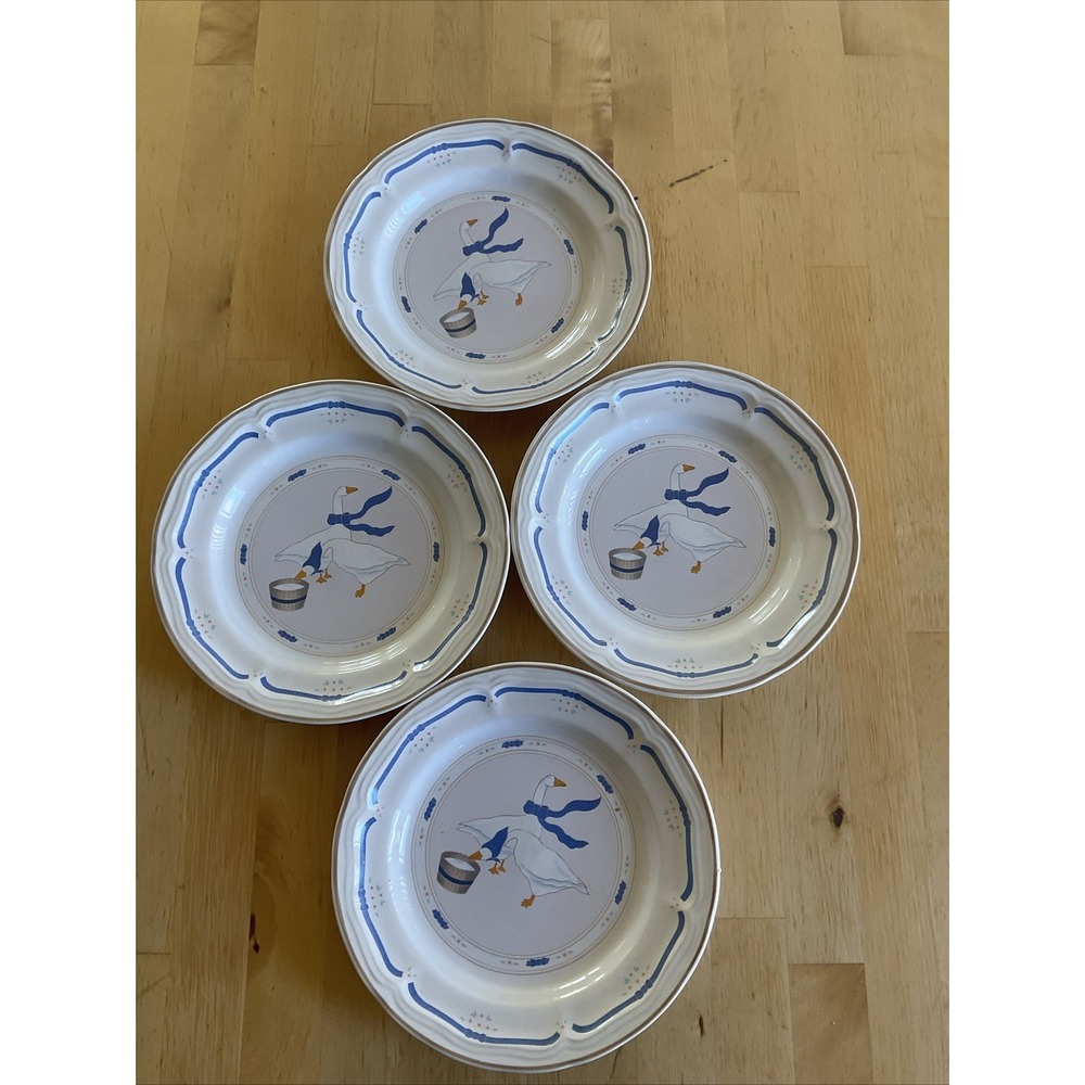 4 Newcor Stoneware Countryside Goose Geese Blue Ribbon Salad Plate 7.5"